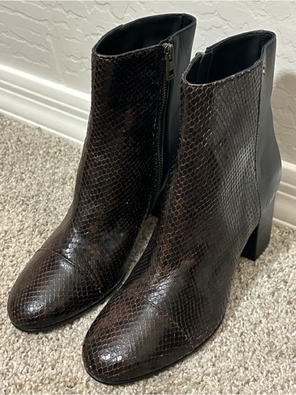 Zadig & Voltaire Black & Brown Leather Snake Panel Ankle Boots EU 40 Block Heel